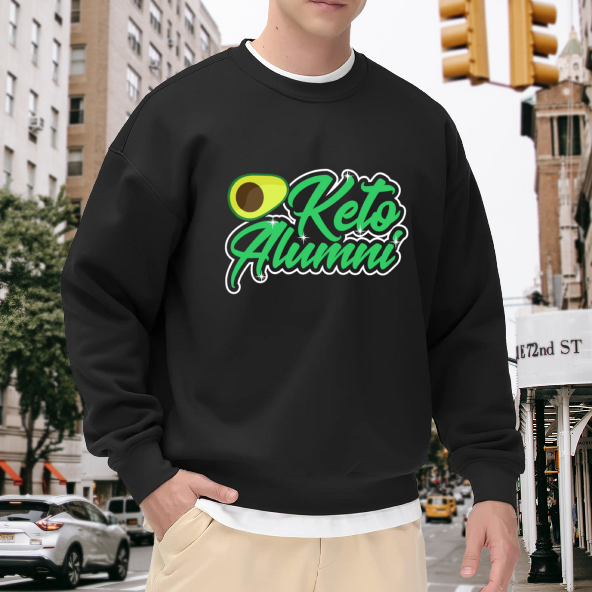 Keto Alumni Avocado Retro Script Crewneck Sweatshirt | Funny Low Carb Diet Humor Pullover, Healthy Lifestyle Gift