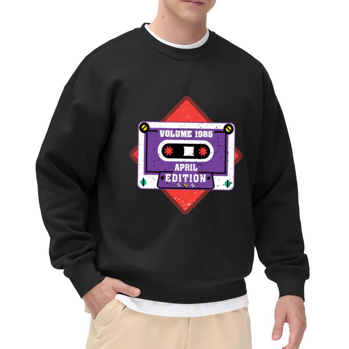 Volume 1985 Cassette Tape Crewneck Sweatshirt | Retro 80s Music Pullover, Vintage Distressed Graphic Top, 80s Theme Party Gift