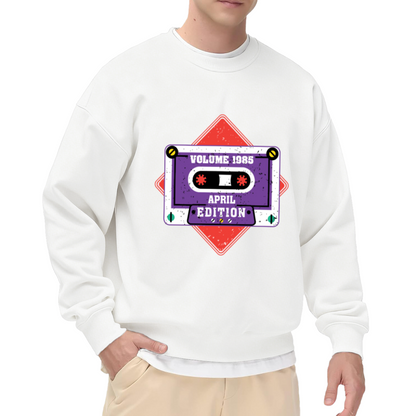 Volume 1985 Cassette Tape Crewneck Sweatshirt | Retro 80s Music Pullover, Vintage Distressed Graphic Top, 80s Theme Party Gift