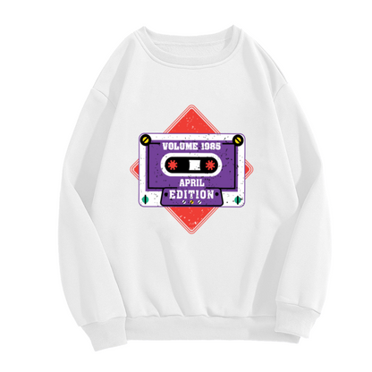 Volume 1985 Cassette Tape Crewneck Sweatshirt | Retro 80s Music Pullover, Vintage Distressed Graphic Top, 80s Theme Party Gift