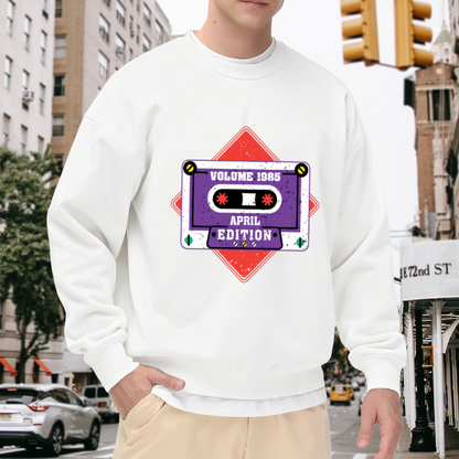Volume 1985 Cassette Tape Crewneck Sweatshirt | Retro 80s Music Pullover, Vintage Distressed Graphic Top, 80s Theme Party Gift