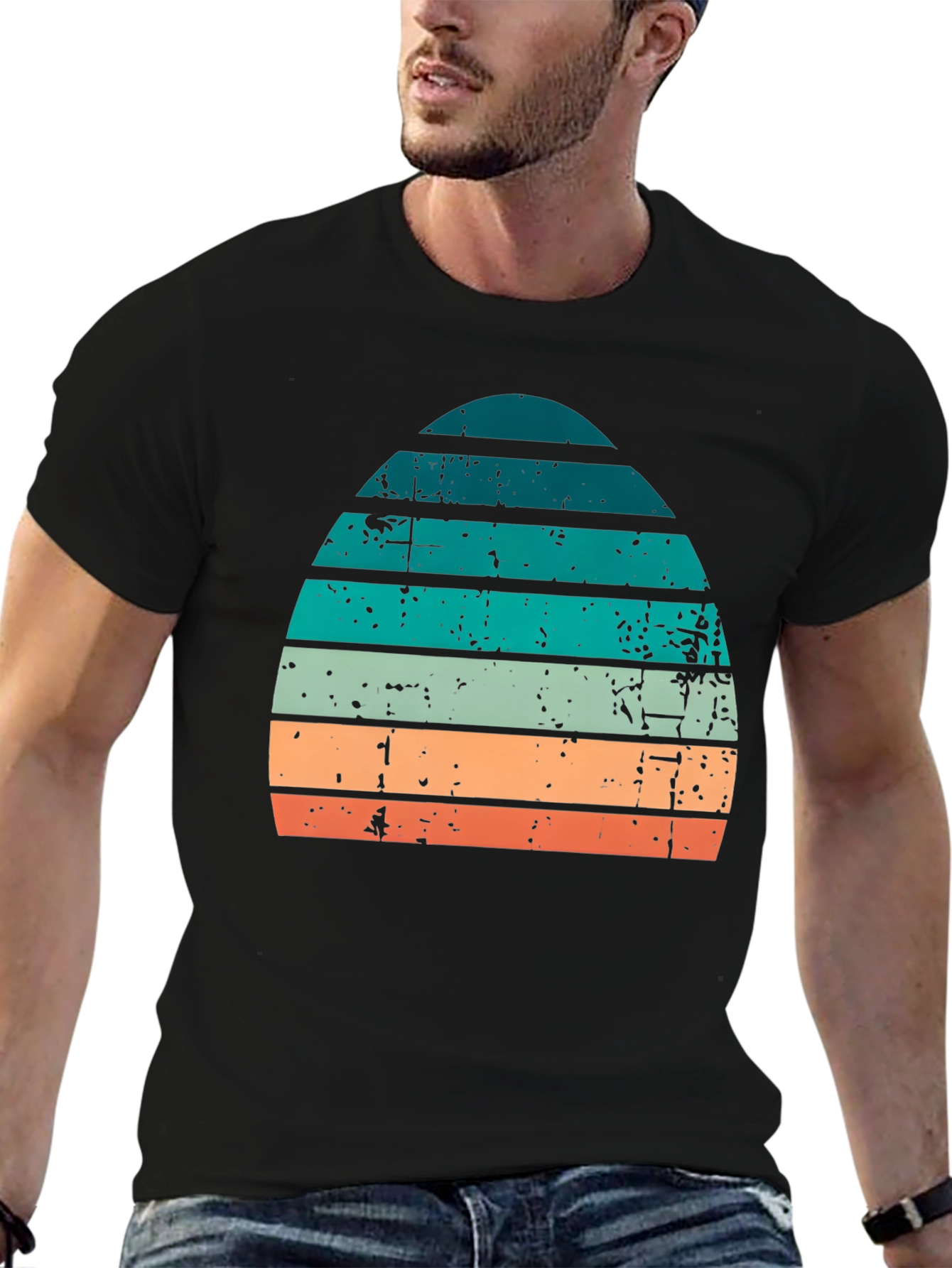 Retro Striped Sunset Graphic Tee - Vintage Style Comfort