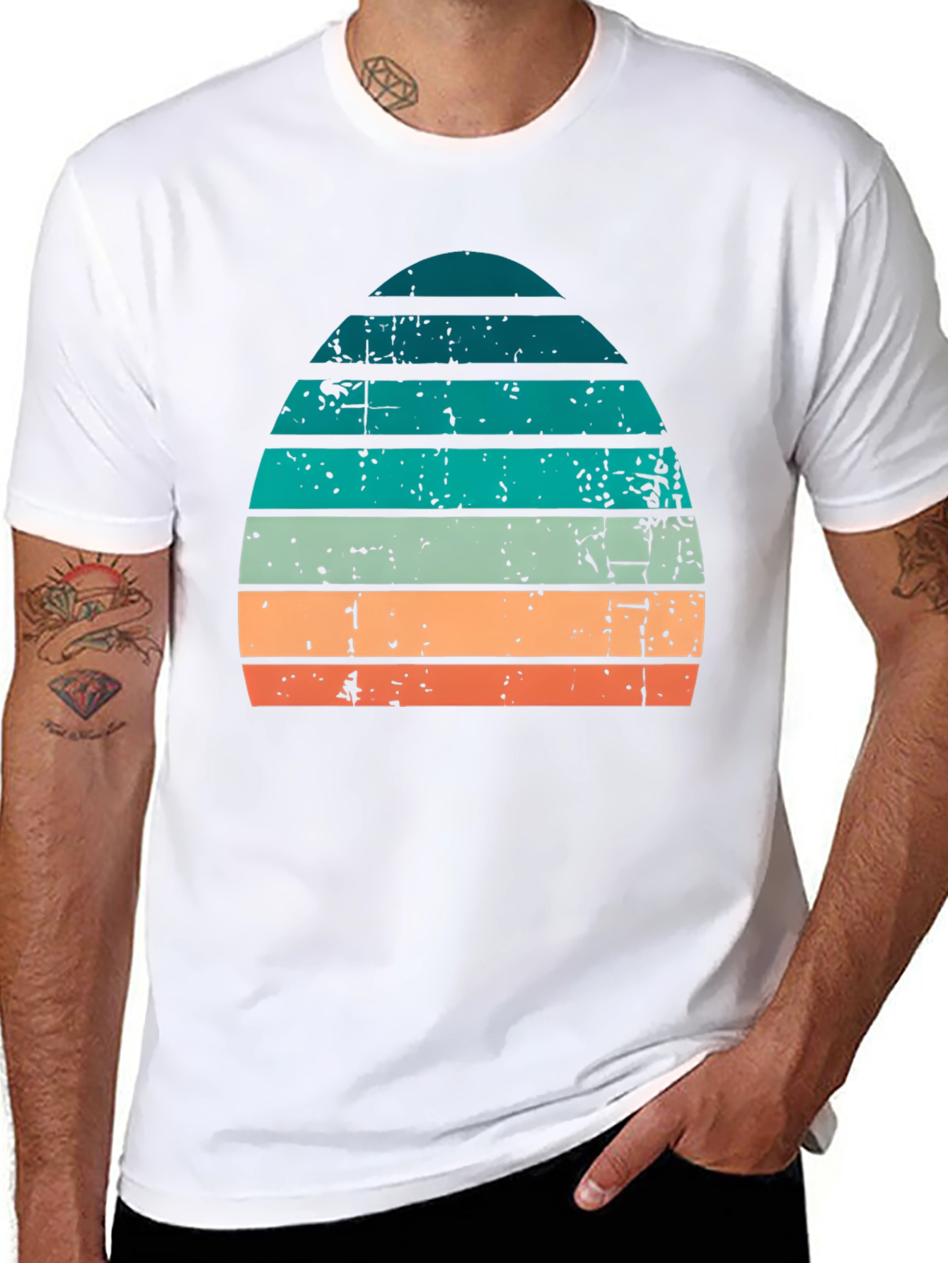 Retro Striped Sunset Graphic Tee - Vintage Style Comfort