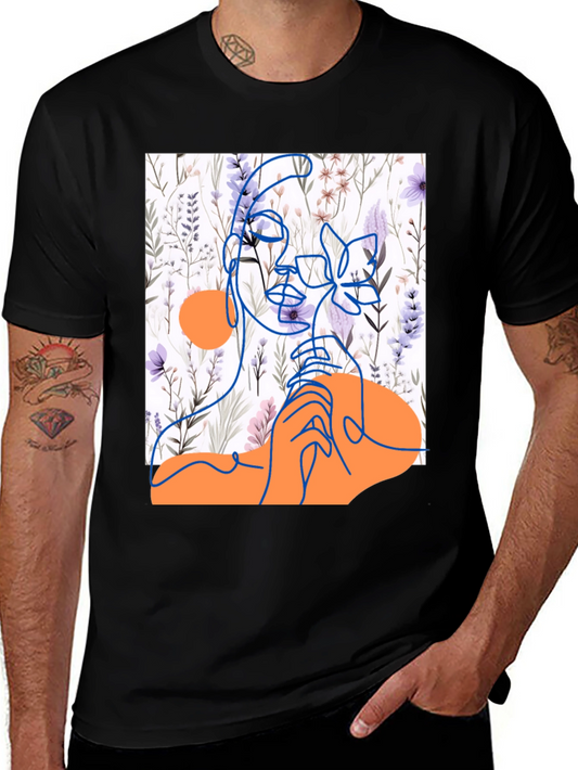 Floral Woman Tee - Artistic Line Drawing on Black