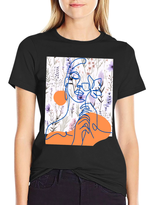 Floral Woman Tee - Artistic Line Drawing on Black