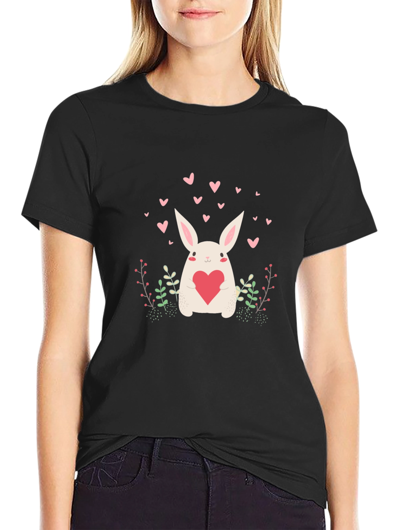 Cute Bunny Heart Graphic Black Tee