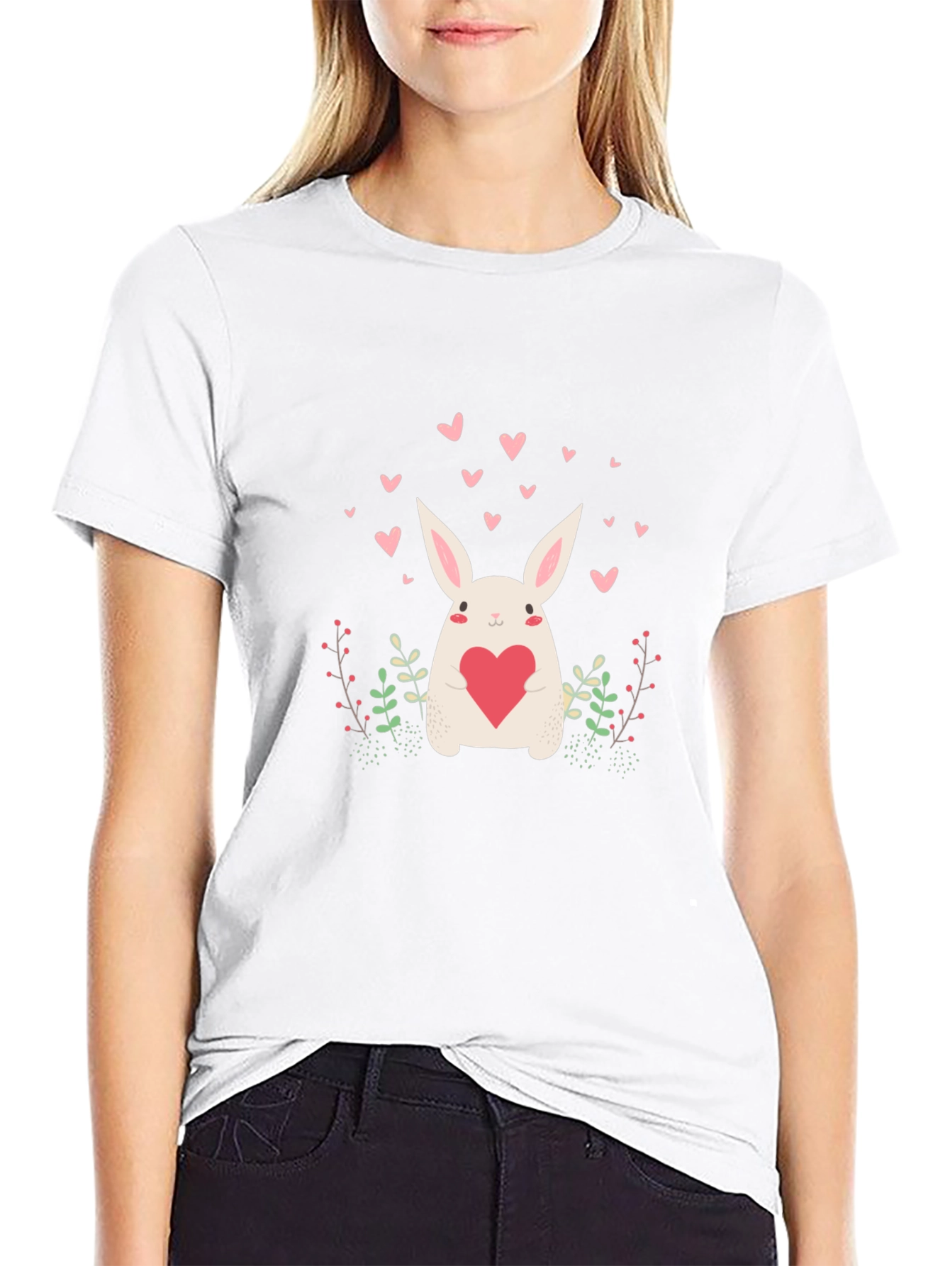 Cute Bunny Heart Graphic Black Tee