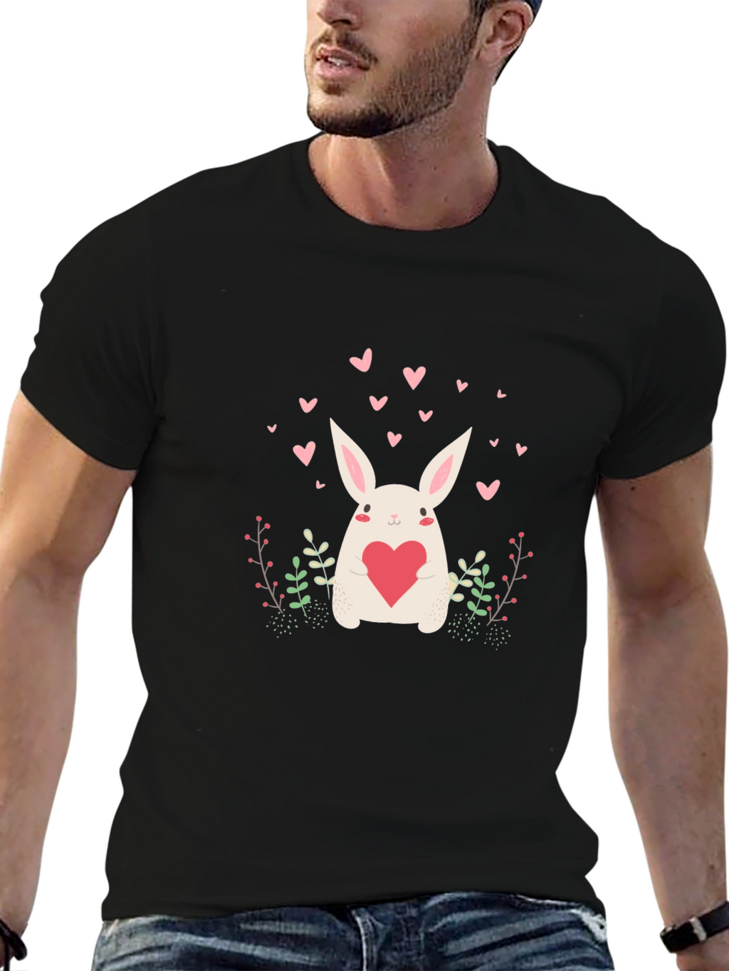Cute Bunny Heart Graphic Black Tee