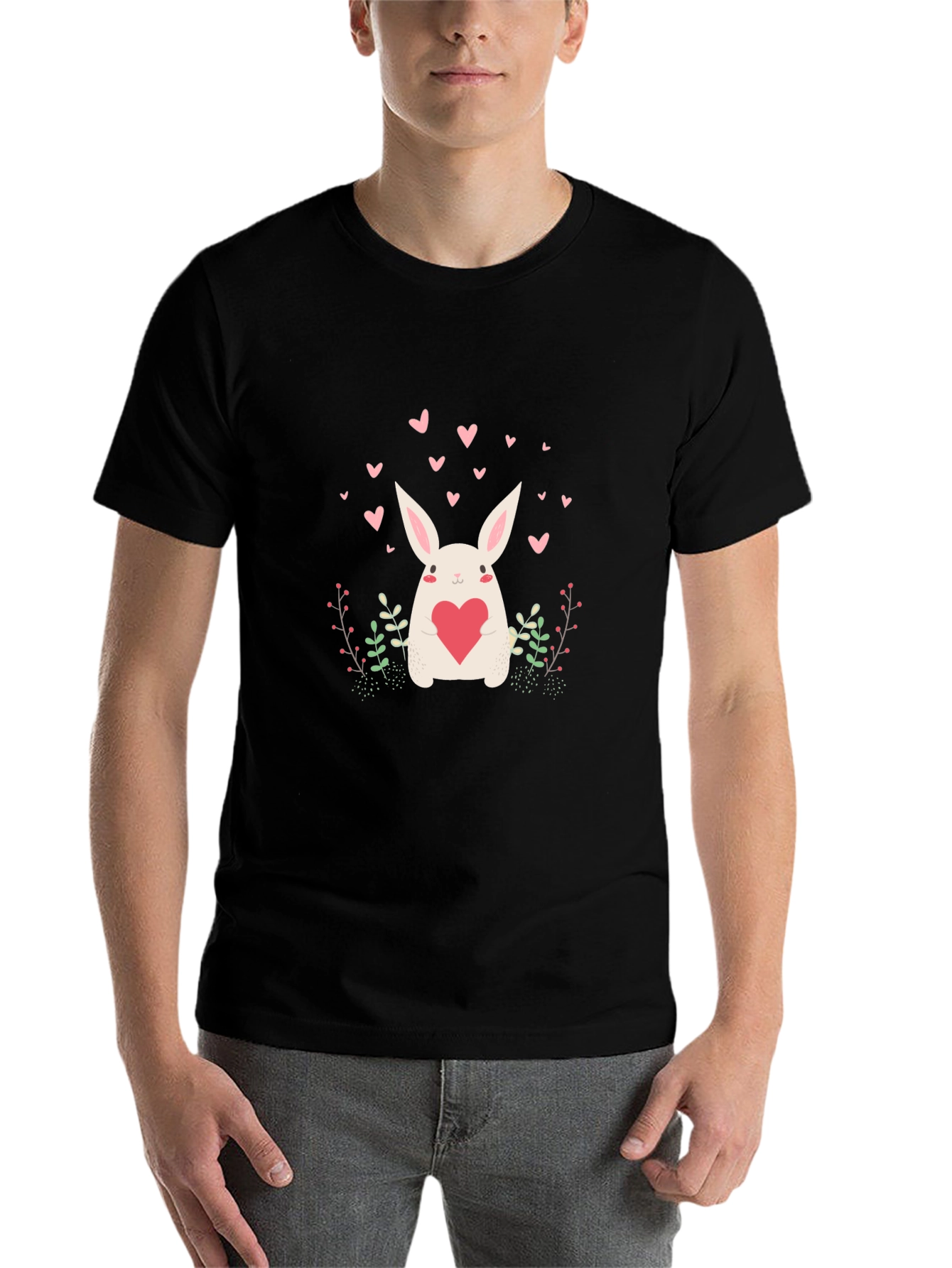 Cute Bunny Heart Graphic Black Tee