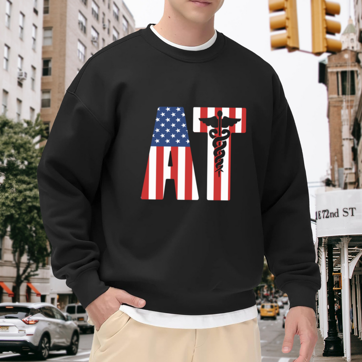 American Flag AT Medical Crewneck Sweatshirt - USA EMT Paramedic Caduceus Pullover, Patriotic First Responder Gift