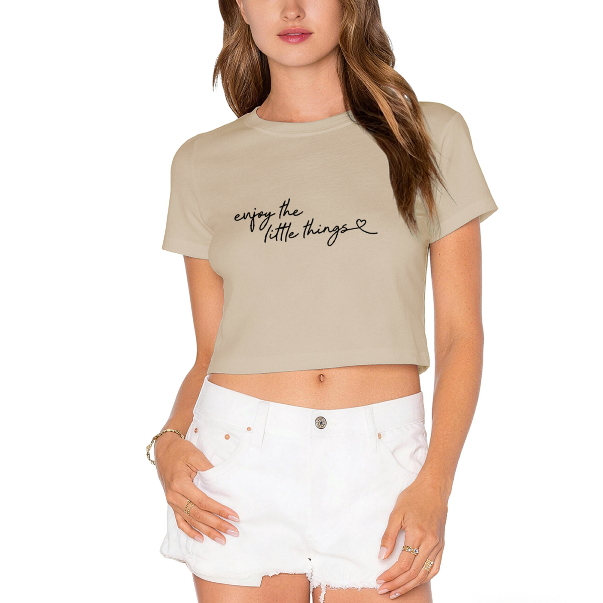 Enjoy The Little Things Soft Grey Crop Tee ¨C Cute Heart Script Minimal Top