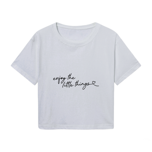 Enjoy The Little Things Soft Grey Crop Tee ¨C Cute Heart Script Minimal Top