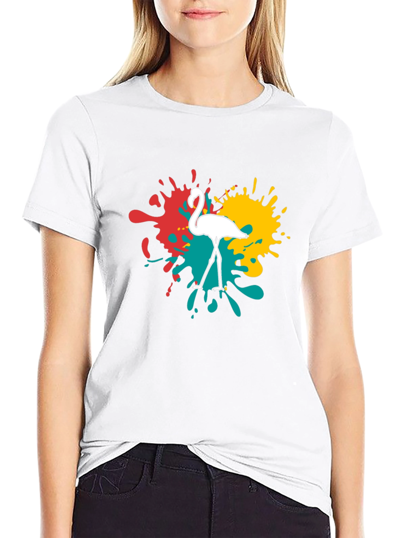 Flamingo Splatter Graphic T-Shirt - Black