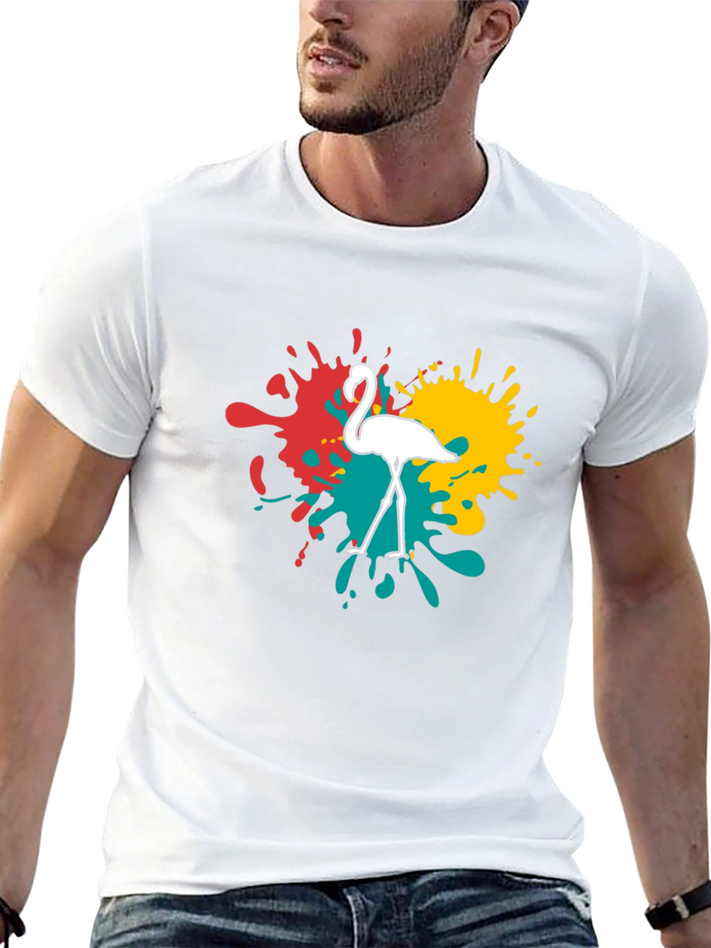 Flamingo Splatter Graphic T-Shirt - Black