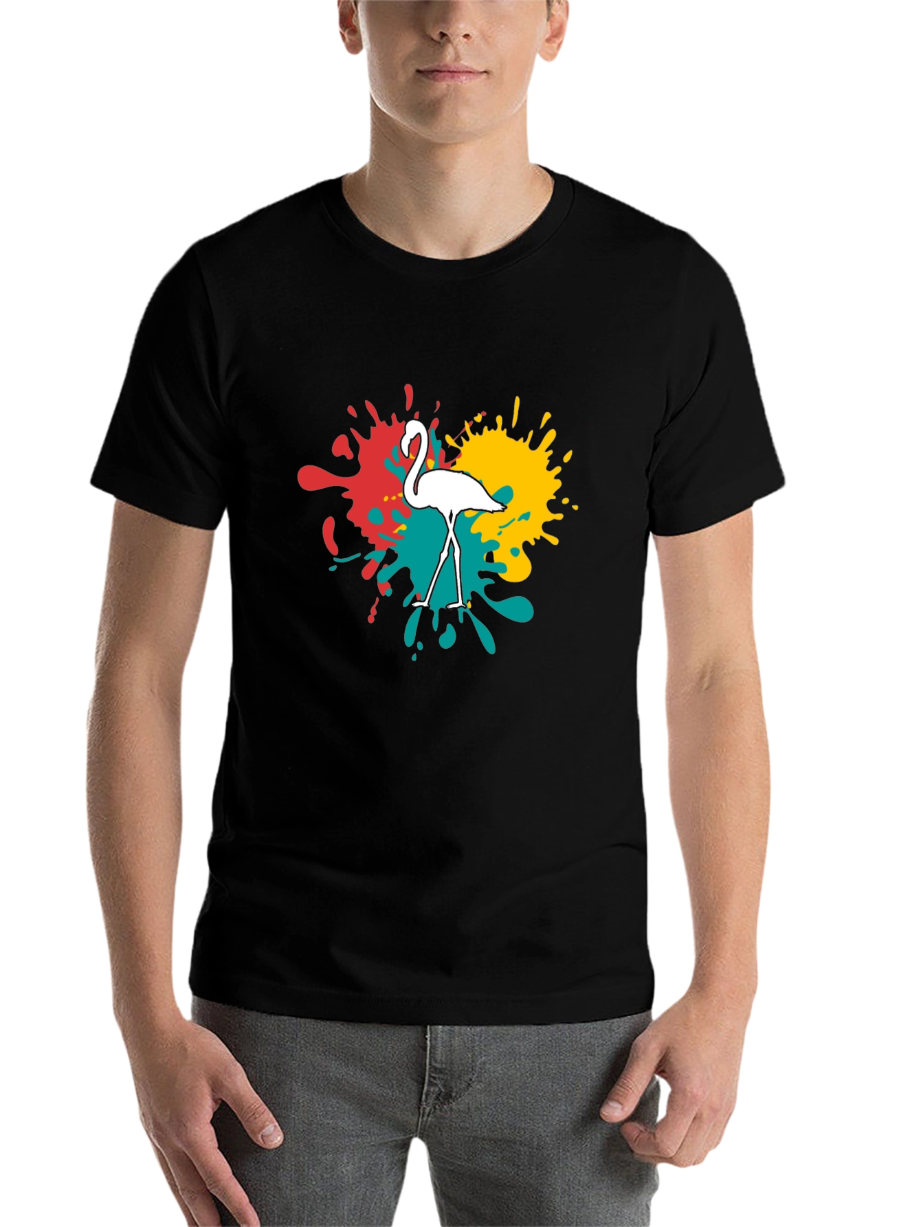 Flamingo Splatter Graphic T-Shirt - Black