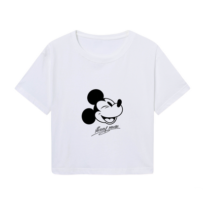 Vintage Winking Mickey Mouse Signature Graphic Cropped Top Retro Crop Tee