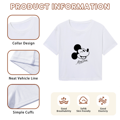 Vintage Winking Mickey Mouse Signature Graphic Cropped Top Retro Crop Tee