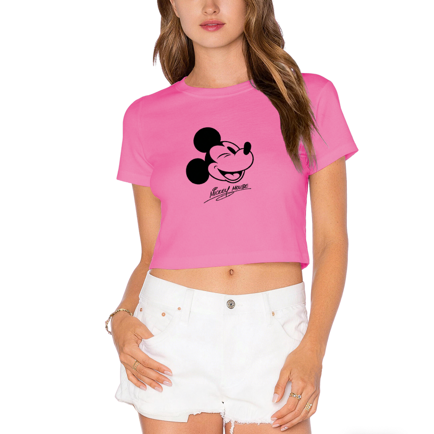 Vintage Winking Mickey Mouse Signature Graphic Cropped Top Retro Crop Tee
