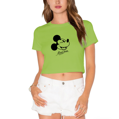 Vintage Winking Mickey Mouse Signature Graphic Cropped Top Retro Crop Tee