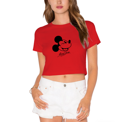Vintage Winking Mickey Mouse Signature Graphic Cropped Top Retro Crop Tee