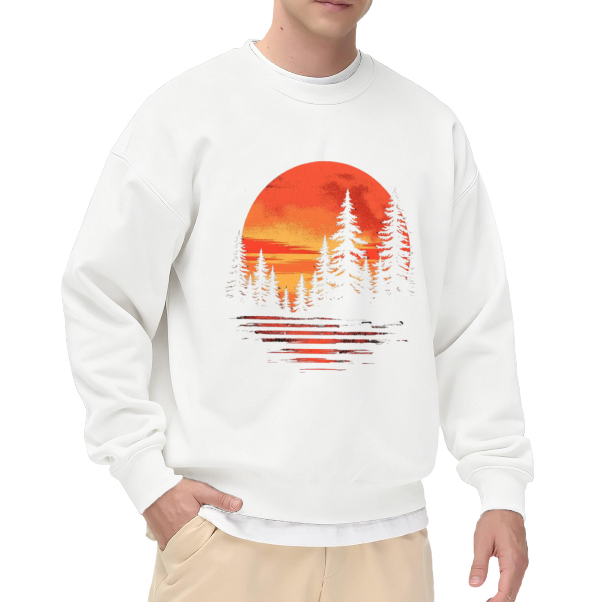Sunset Pine Forest Reflection Crewneck Sweatshirt | Vintage Outdoor Nature Pullover, Retro Sunset Reflection Graphic Top, Camping Gift