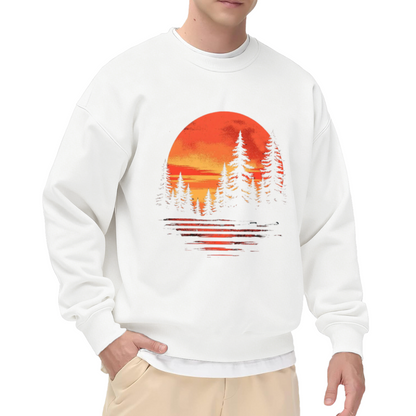 Sunset Pine Forest Reflection Crewneck Sweatshirt | Vintage Outdoor Nature Pullover, Retro Sunset Reflection Graphic Top, Camping Gift