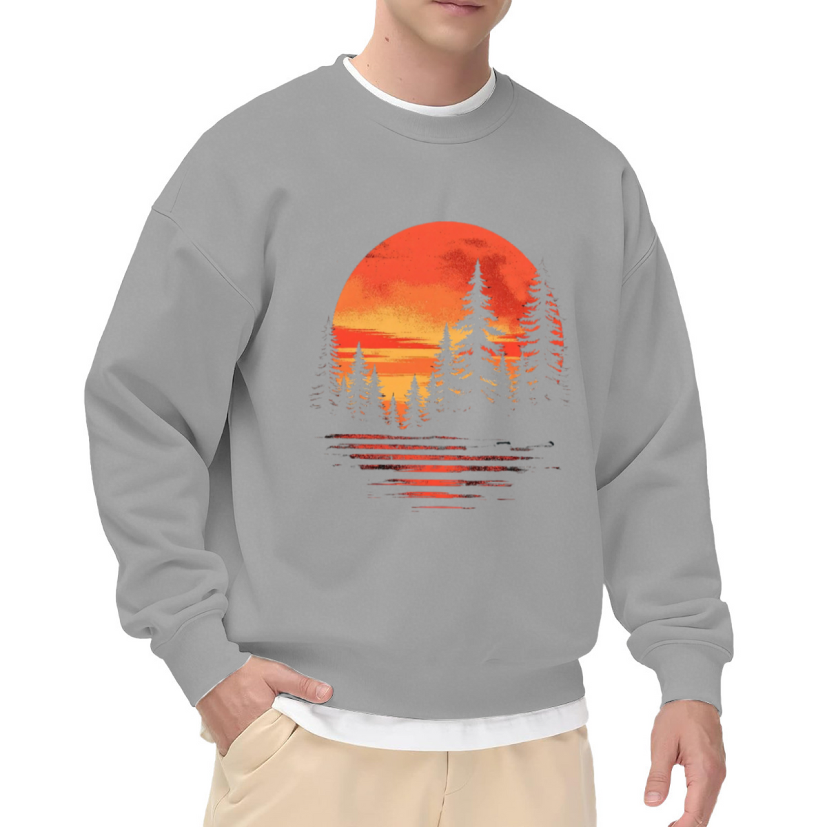 Sunset Pine Forest Reflection Crewneck Sweatshirt | Vintage Outdoor Nature Pullover, Retro Sunset Reflection Graphic Top, Camping Gift