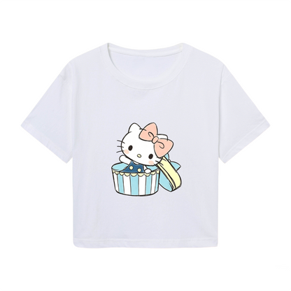 Gift?Box Hello Kitty Sweet Pastel Style Cropped Top Kawaii Women Crop Tee