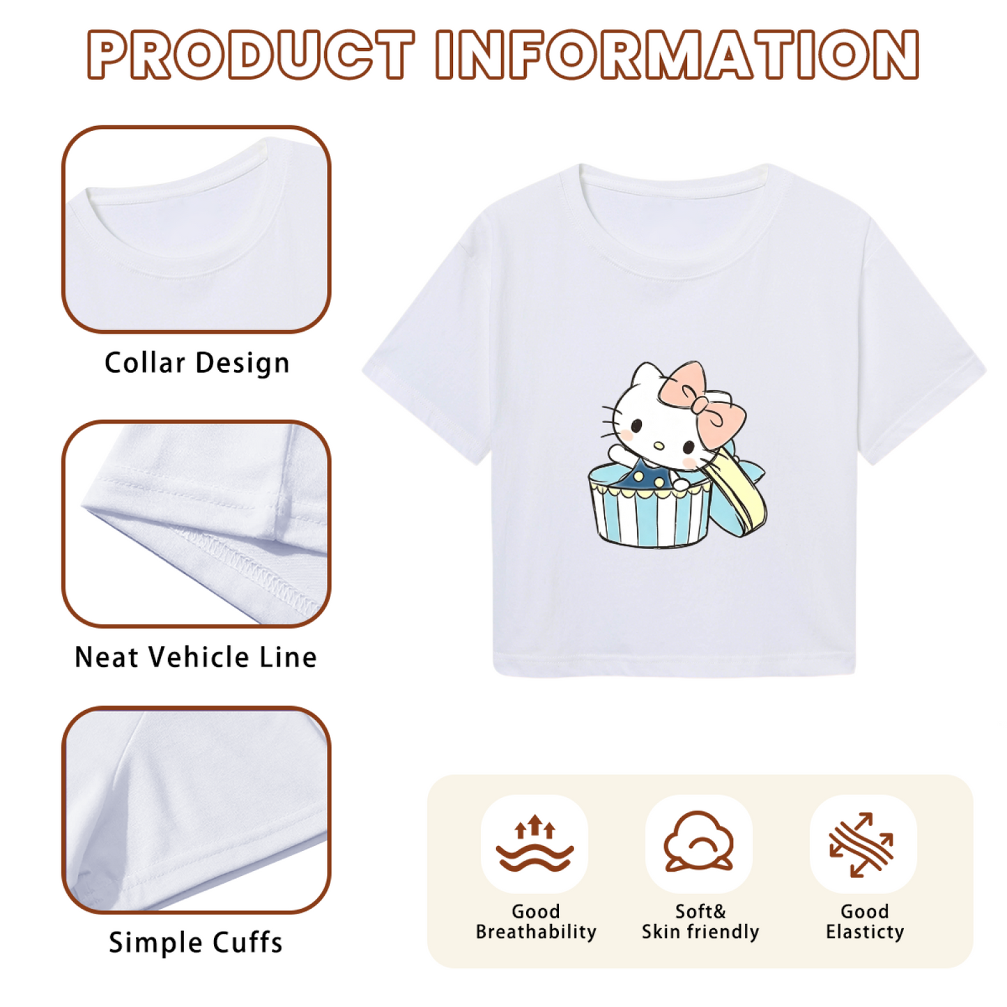 Gift?Box Hello Kitty Sweet Pastel Style Cropped Top Kawaii Women Crop Tee