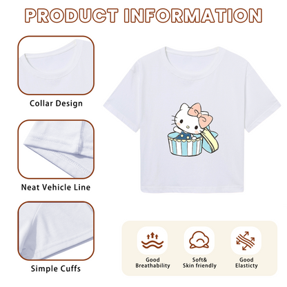 Gift?Box Hello Kitty Sweet Pastel Style Cropped Top Kawaii Women Crop Tee