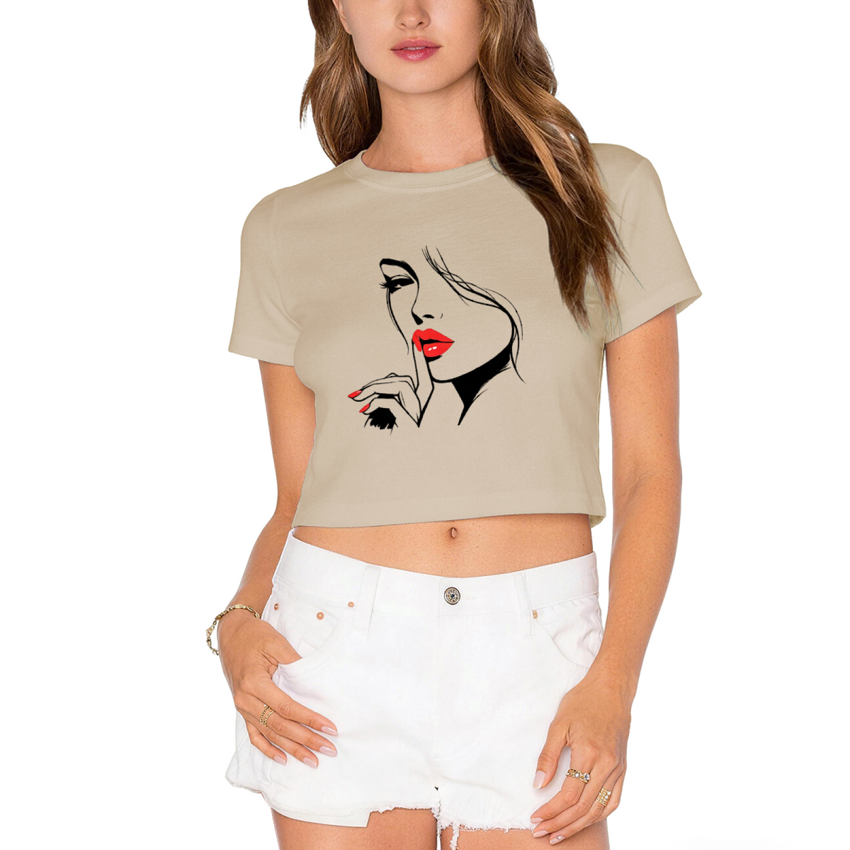 Sultry Red Lips Minimal Lady Line Art Hot Pink Crop Top