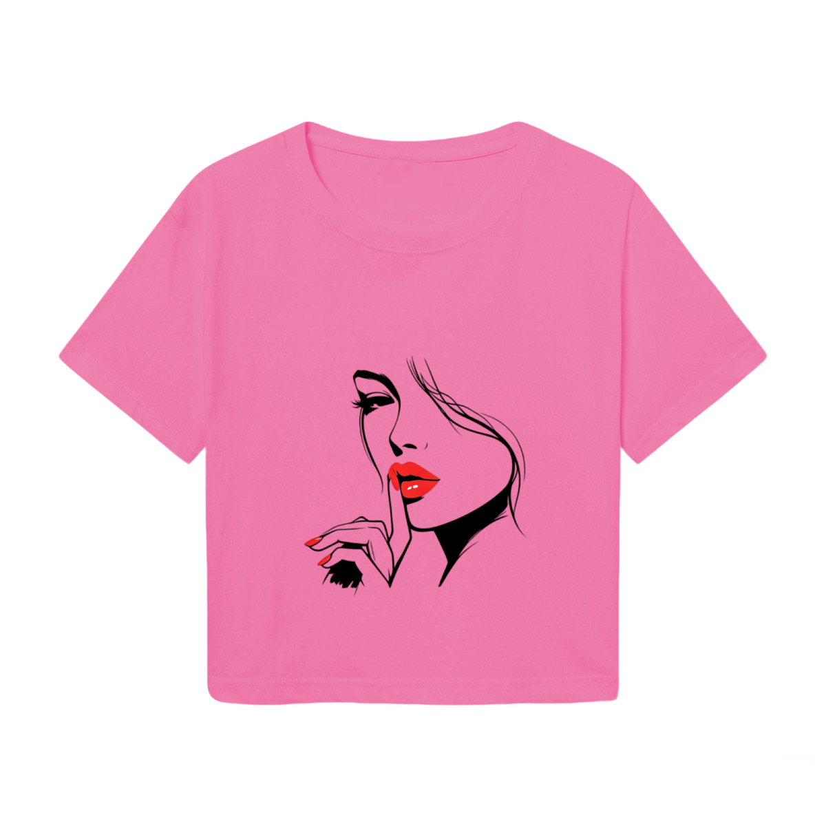 Sultry Red Lips Minimal Lady Line Art Hot Pink Crop Top