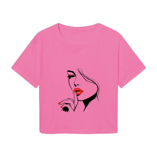 Sultry Red Lips Minimal Lady Line Art Hot Pink Crop Top