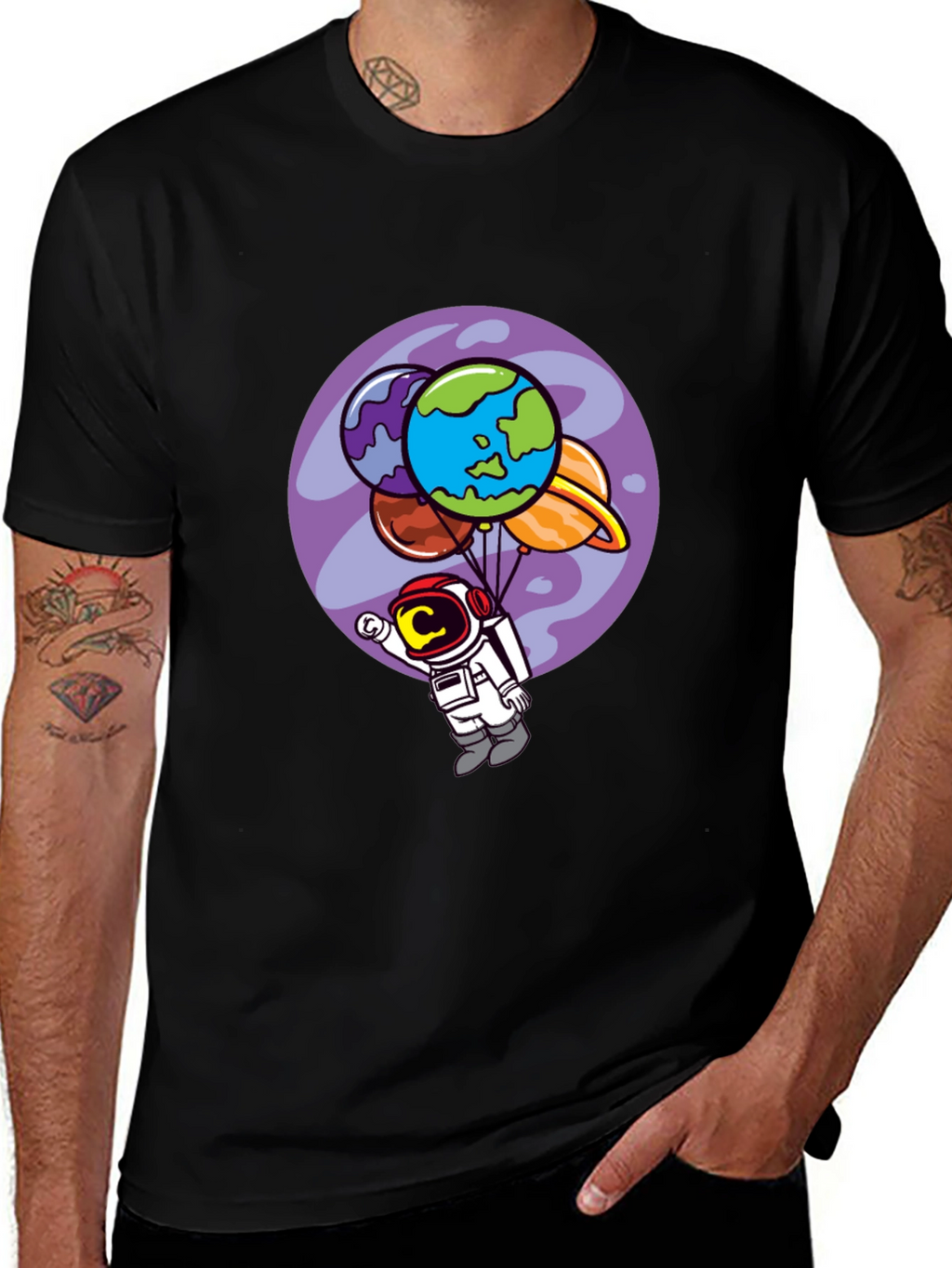 Astronaut Planet Balloon Graphic Tee - Black