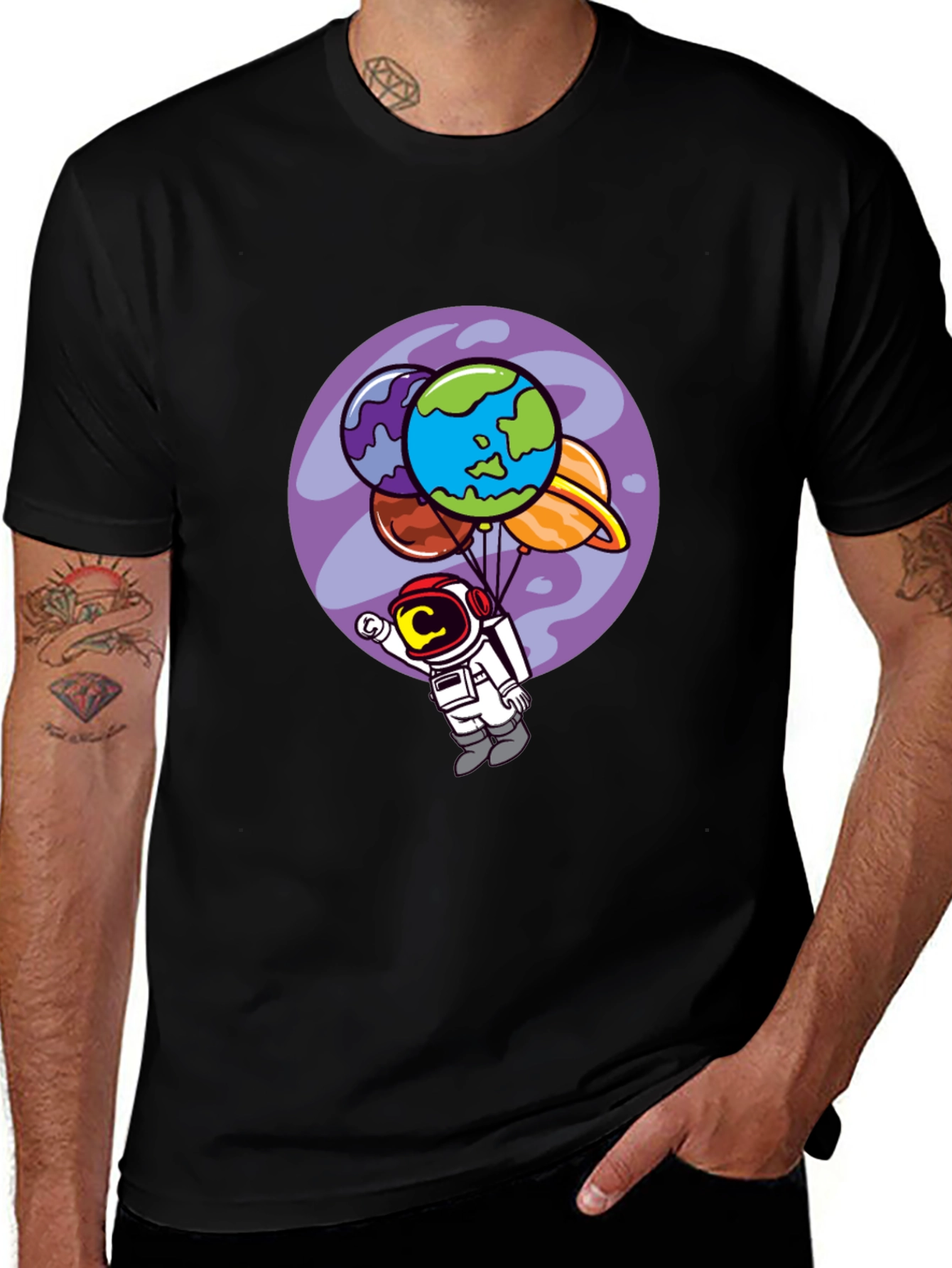 Astronaut Planet Balloon Graphic Tee - Black