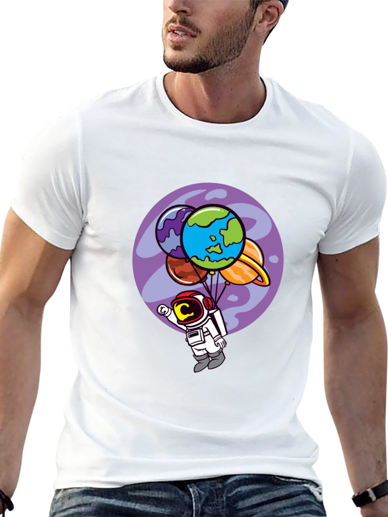Astronaut Planet Balloon Graphic Tee - Black