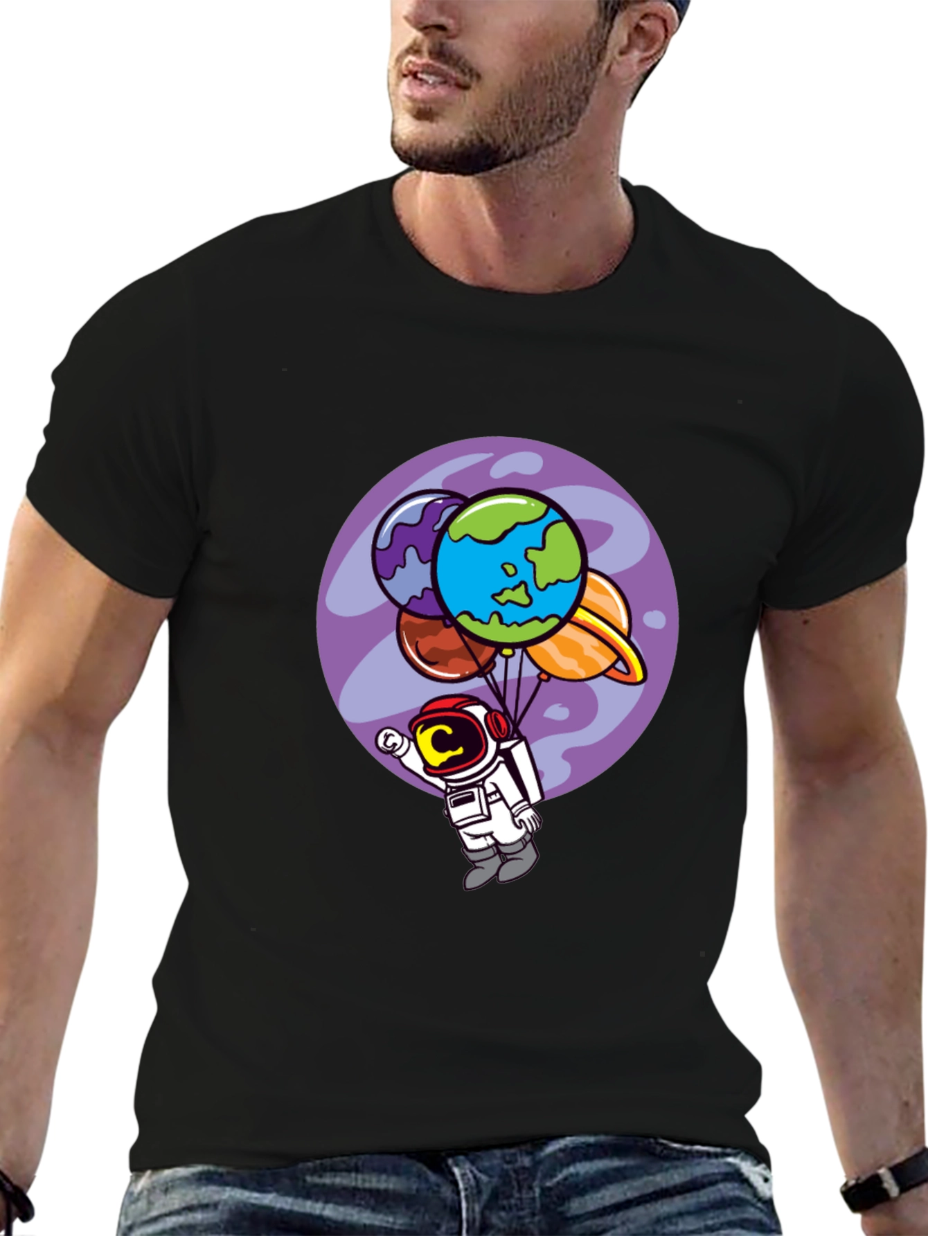 Astronaut Planet Balloon Graphic Tee - Black