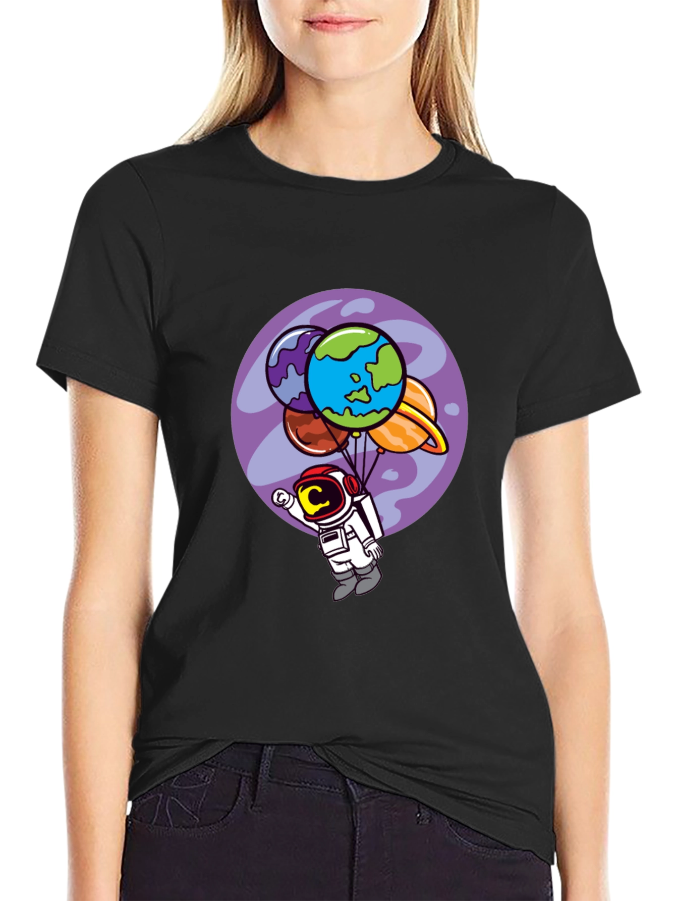 Astronaut Planet Balloon Graphic Tee - Black