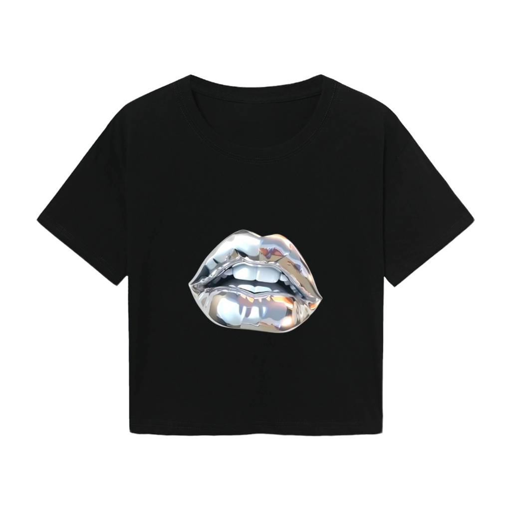 Metallic Mirror Lips Edgy Black Crop Tee