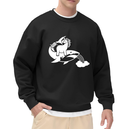 Unicorn Riding Orca Rainbow Crewneck Sweatshirt | Whimsical Fantasy Animal Pullover, Cute Monochrome Illustration Top, Kids Gift