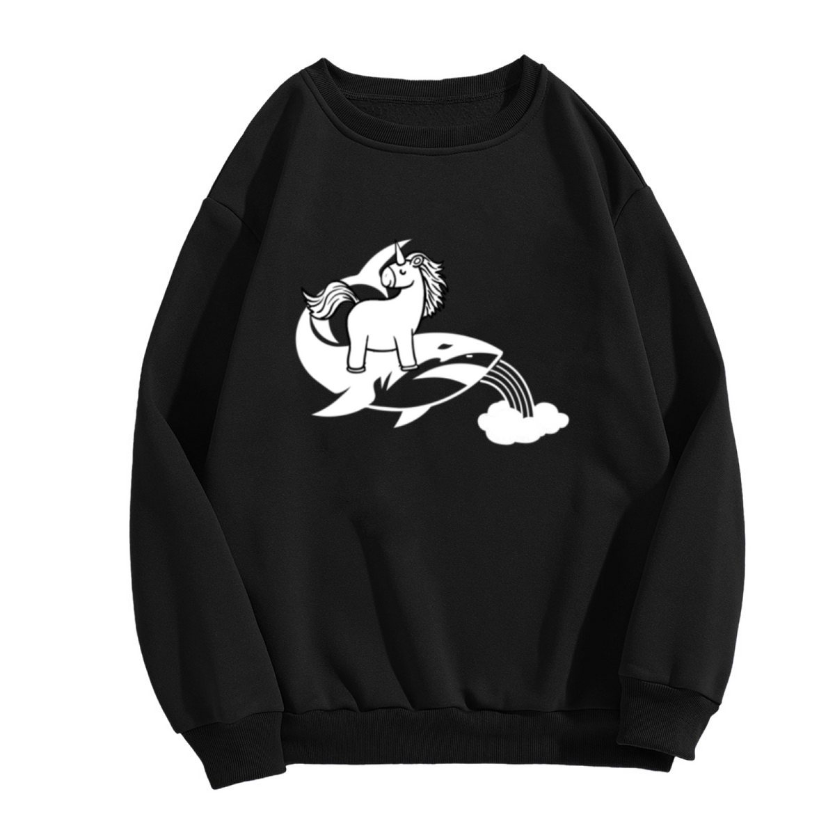 Unicorn Riding Orca Rainbow Crewneck Sweatshirt | Whimsical Fantasy Animal Pullover, Cute Monochrome Illustration Top, Kids Gift