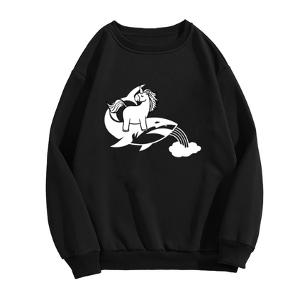 Unicorn Riding Orca Rainbow Crewneck Sweatshirt | Whimsical Fantasy Animal Pullover, Cute Monochrome Illustration Top, Kids Gift