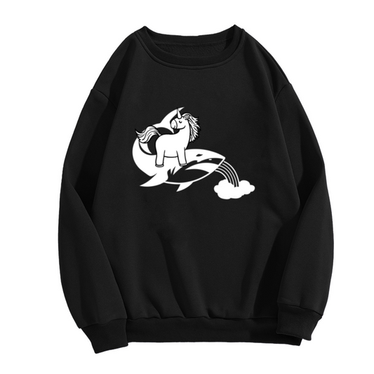 Unicorn Riding Orca Rainbow Crewneck Sweatshirt | Whimsical Fantasy Animal Pullover, Cute Monochrome Illustration Top, Kids Gift