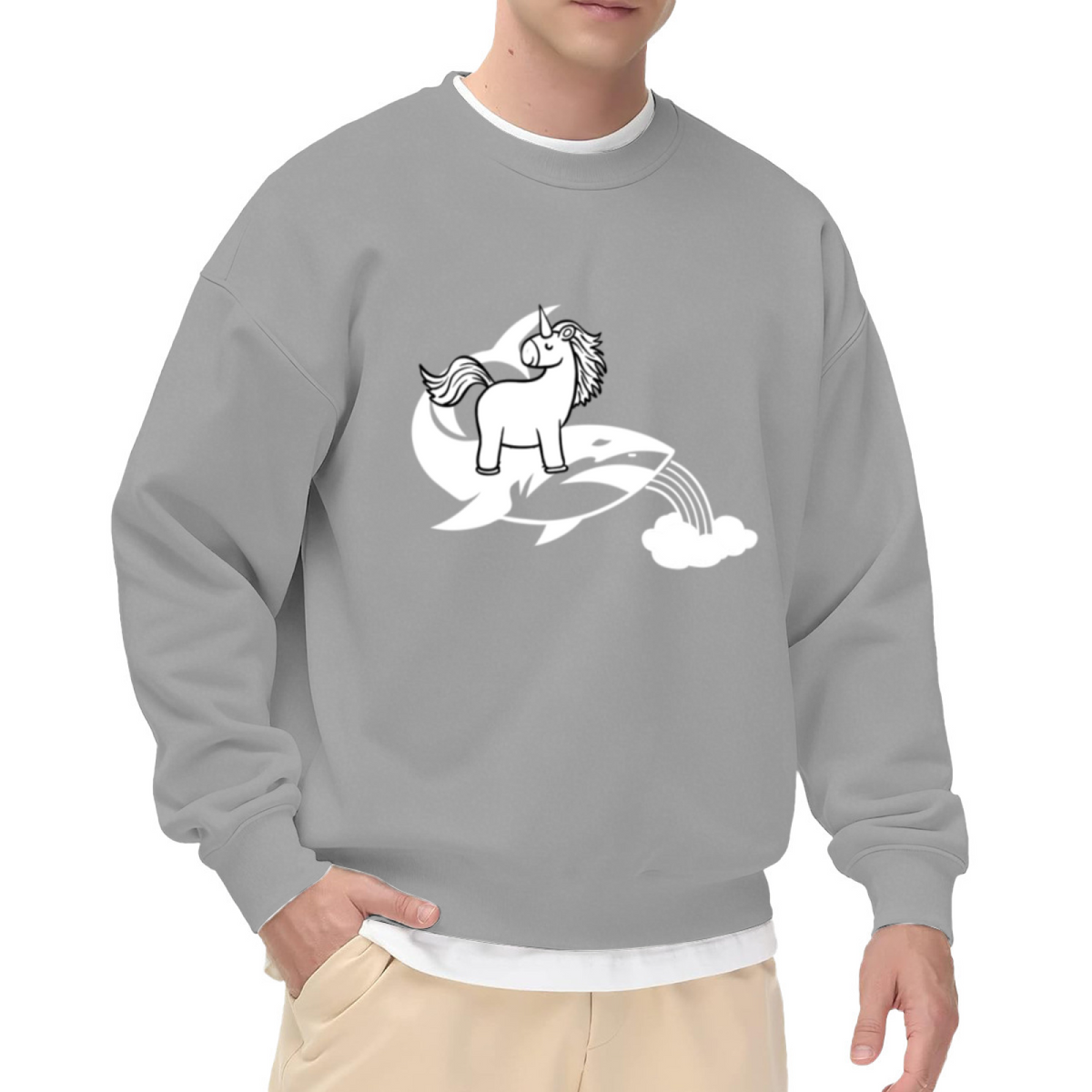 Unicorn Riding Orca Rainbow Crewneck Sweatshirt | Whimsical Fantasy Animal Pullover, Cute Monochrome Illustration Top, Kids Gift