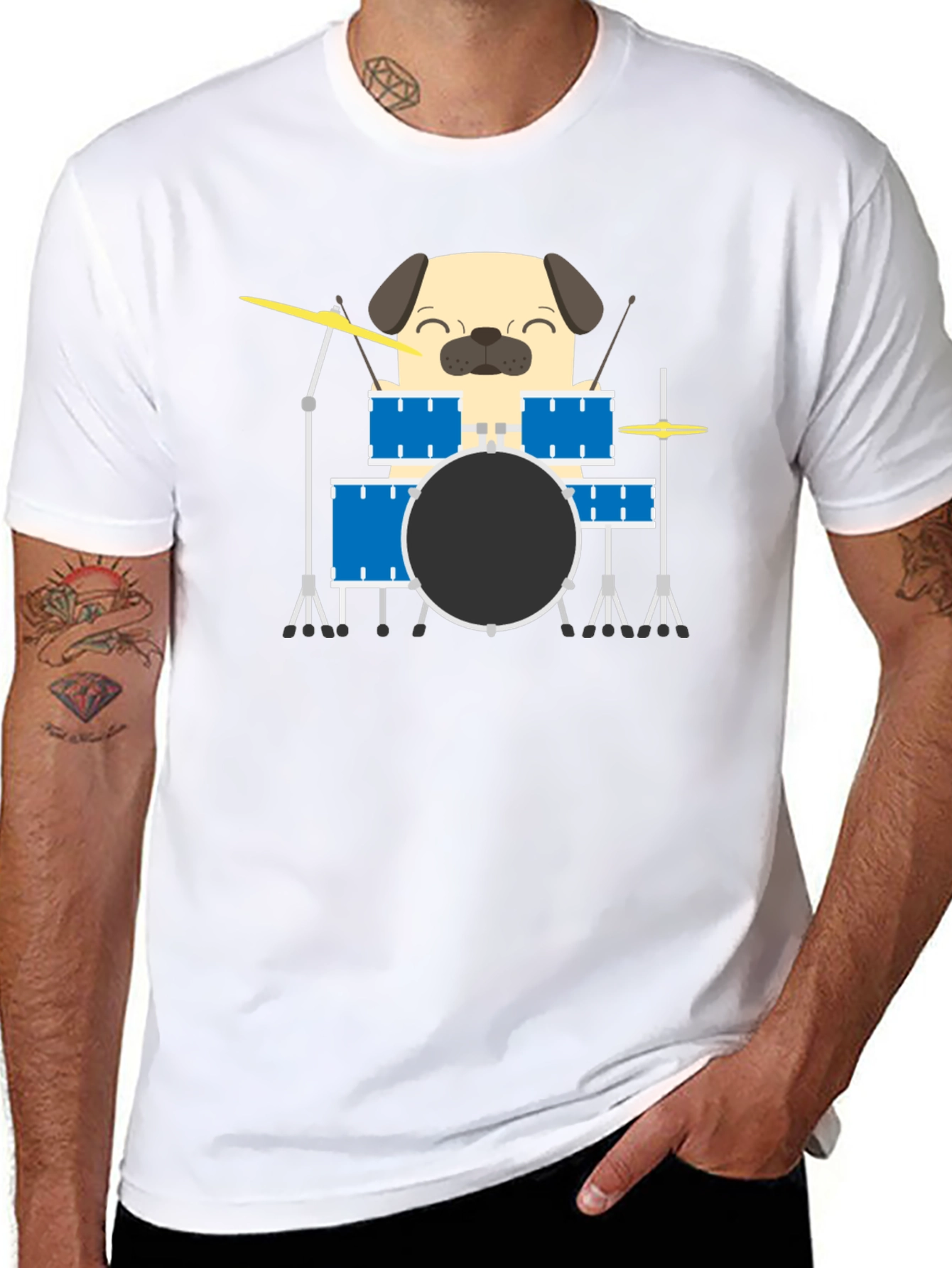 Pug Drummer T-Shirt - Funny Dog Music Tee