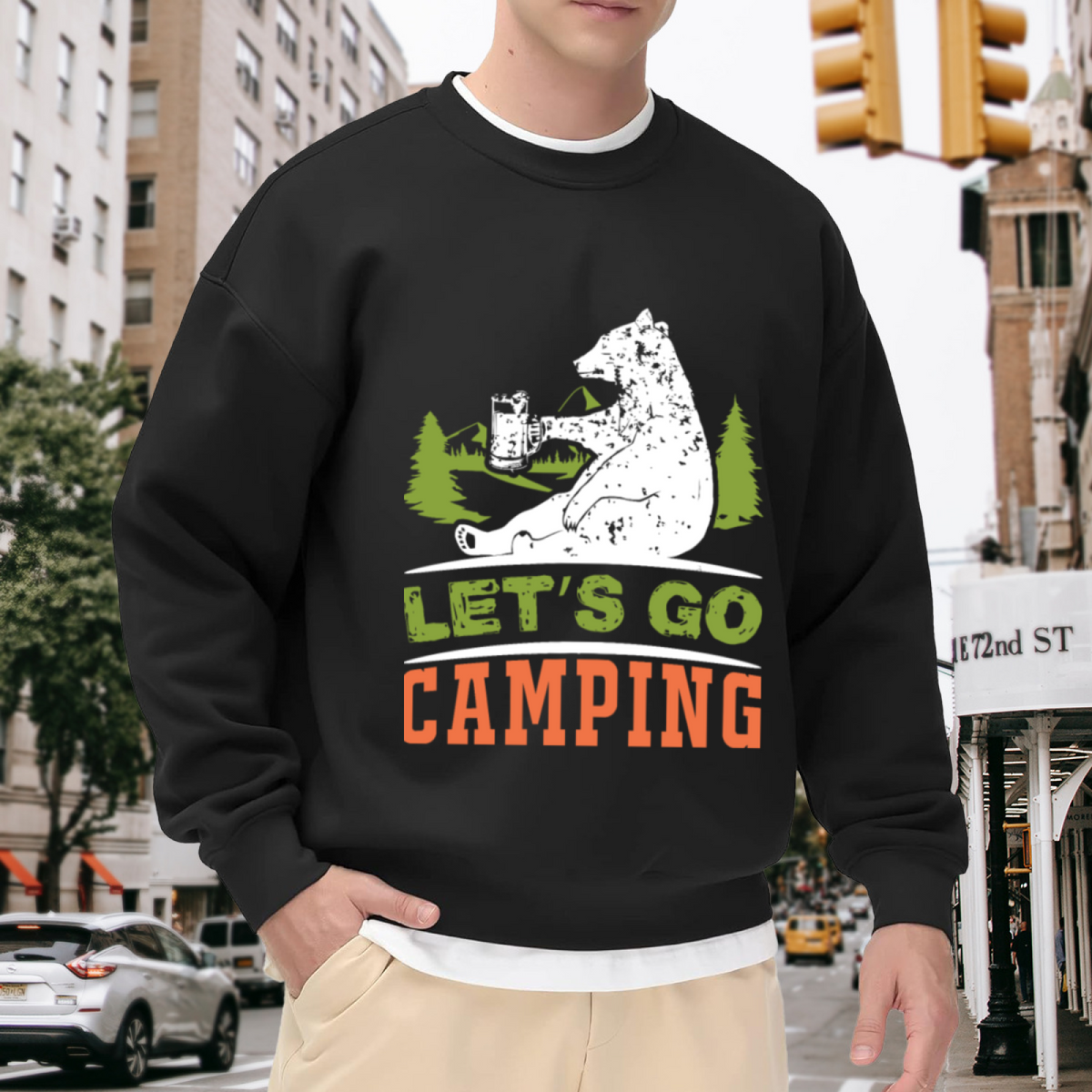 Let's Go Camping Crewneck Sweatshirt - Cute Camping Bear Graphic Pullover, Outdoor Adventure Gift, Glamping Top