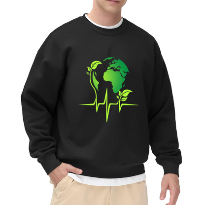Earth Heartbeat Eco Globe Sprout Crewneck Sweatshirt | Green Environmental Pulse Graphic Pullover, Earth Day Gift