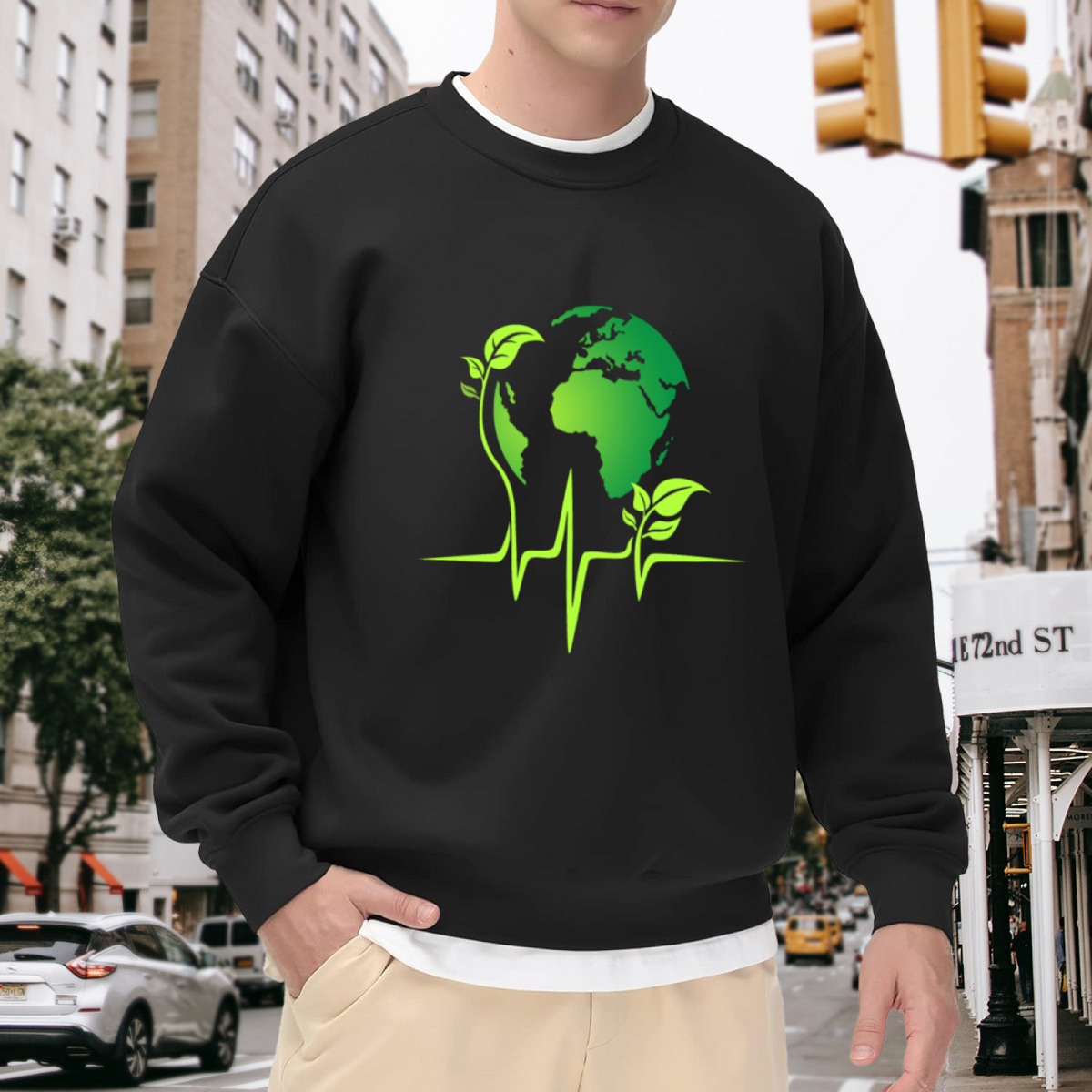 Earth Heartbeat Eco Globe Sprout Crewneck Sweatshirt | Green Environmental Pulse Graphic Pullover, Earth Day Gift