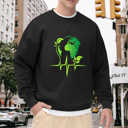 Earth Heartbeat Eco Globe Sprout Crewneck Sweatshirt | Green Environmental Pulse Graphic Pullover, Earth Day Gift