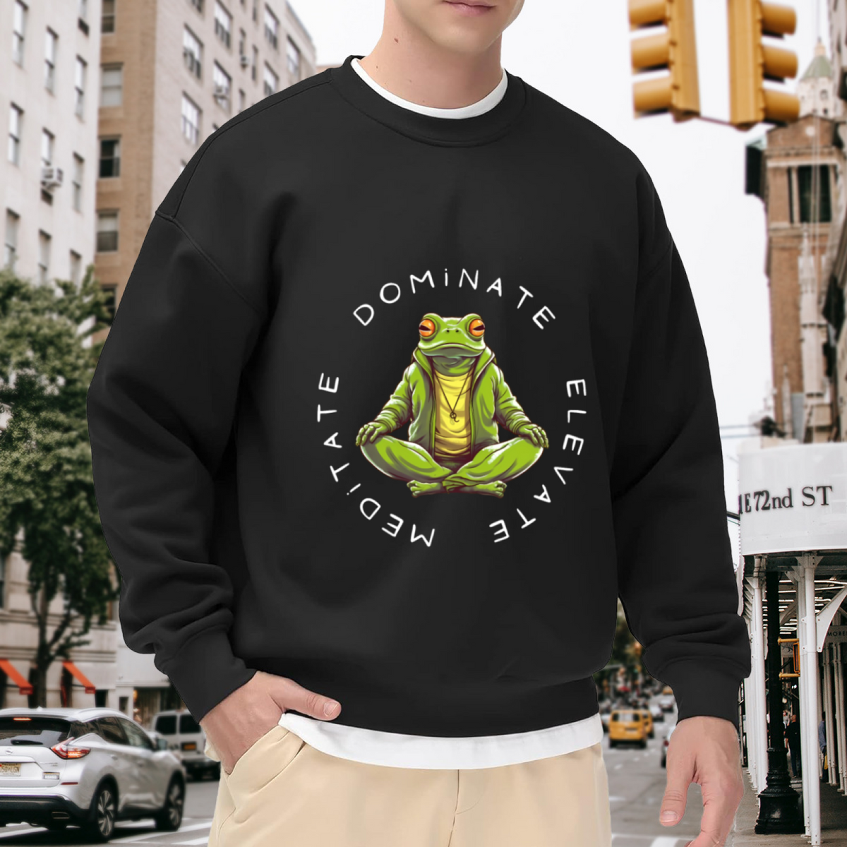 Dominate Elevate Meditate Frog Crewneck Sweatshirt - Funny Yoga Frog Pullover, Meditation Humor Gift, Chill Zen Top